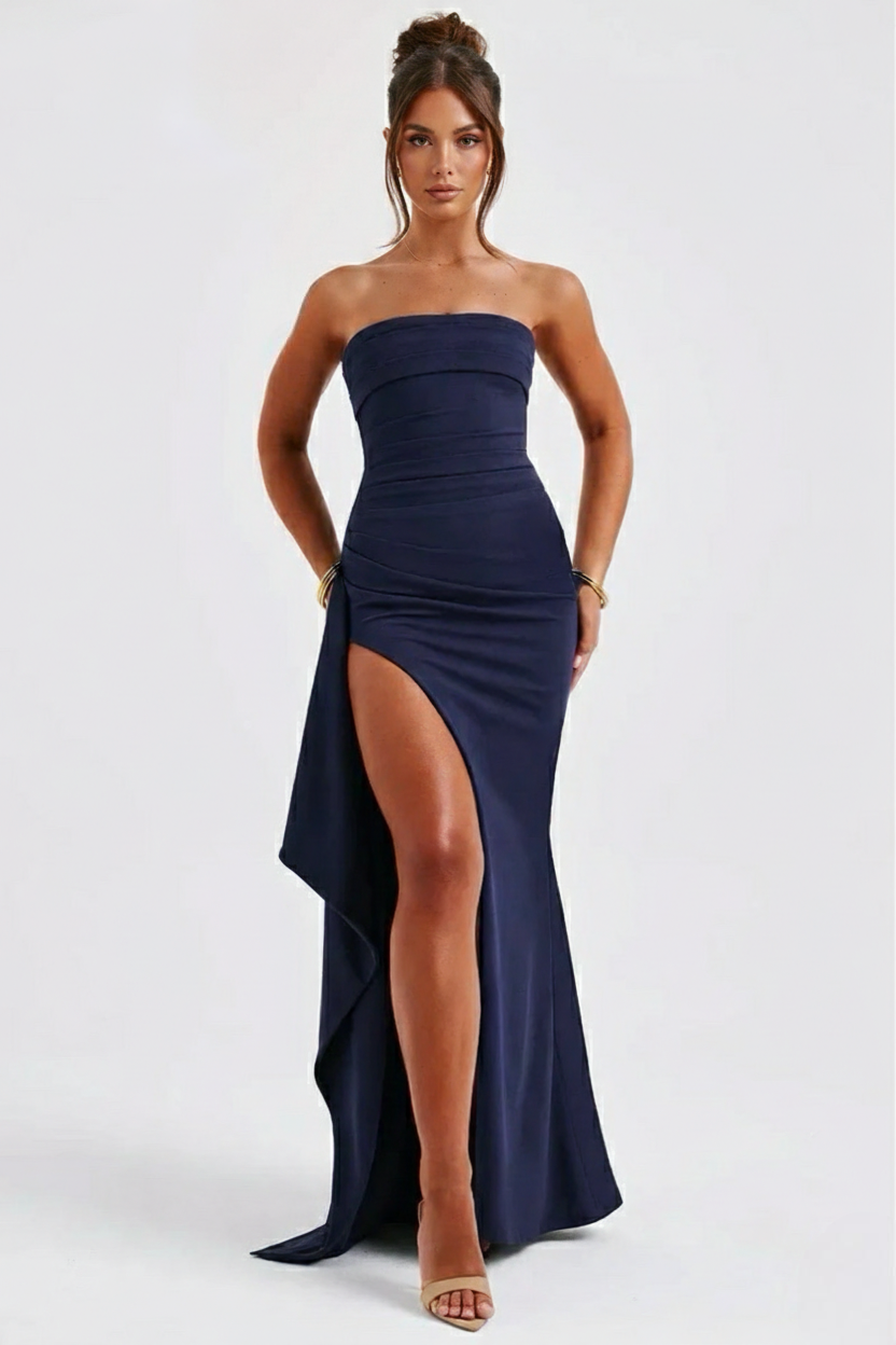 Vestido largo mujer — escote palabra de honor fruncido | gala y eventos