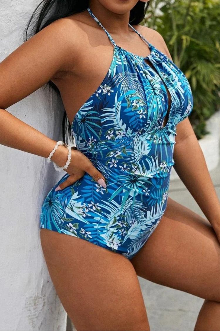 Bañador de Una Pieza Tallas Grandes con Escote Fruncido y Abertura Frontal