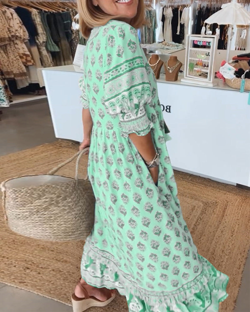 Vestido mujer estampado | cuello en V | mangas medias | uso diario