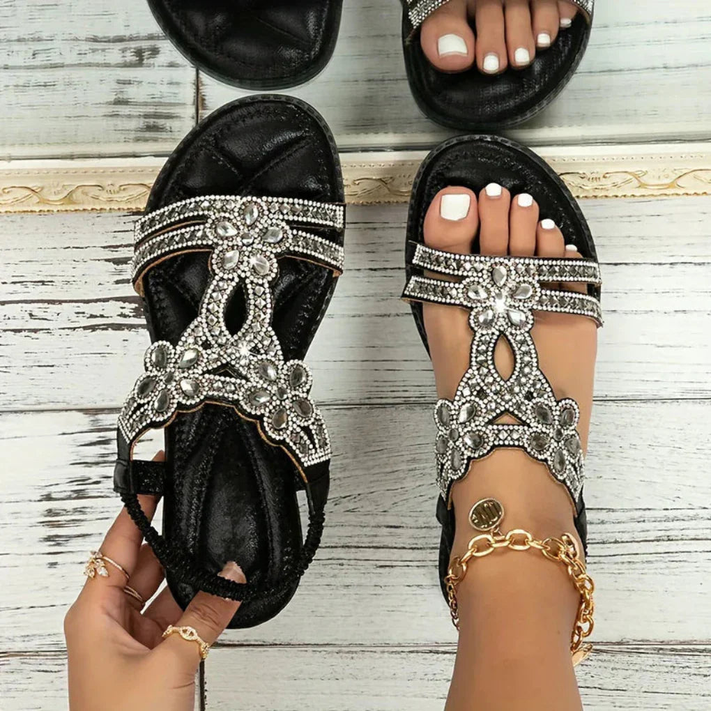 Sandalias Planas de Mujer con Cristales Brillantes y Estilo Bohemio