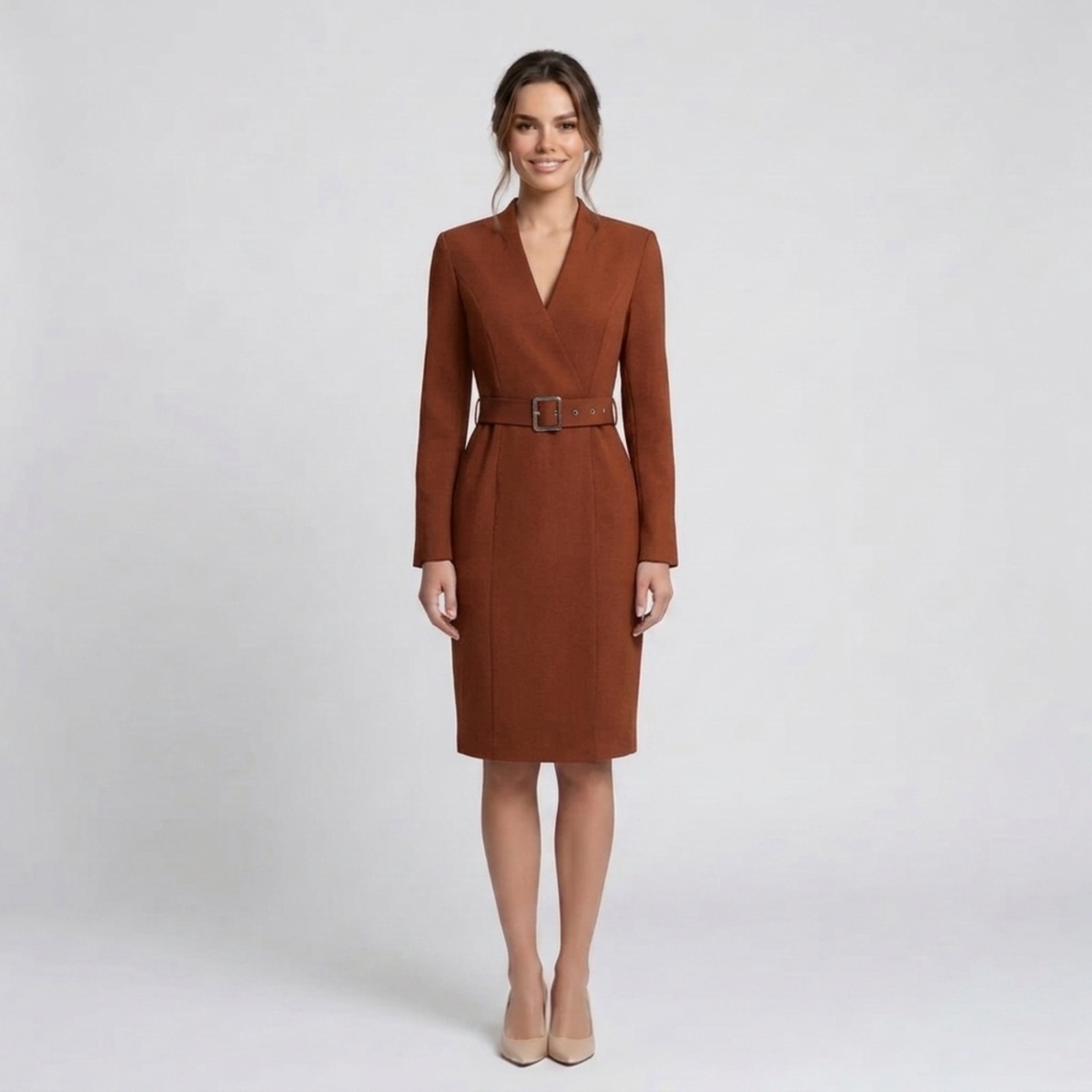 Vestido Midi de Corte Etui con Cuello Alto y Mangas 3/4 con Cinturón para Mujer