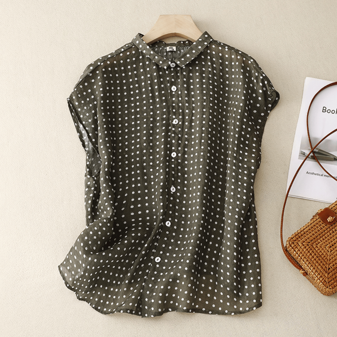 Camisa de Algodón y Lino de Manga Corta con Estampado de Lunares para Mujer