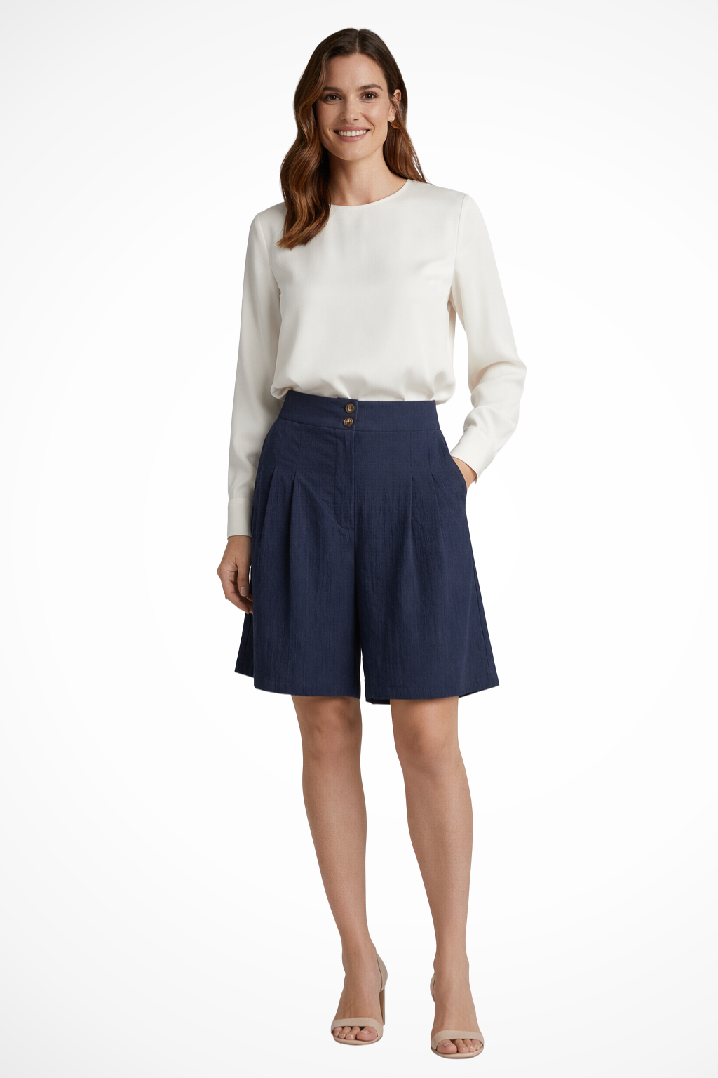 Pantalones Cortos Bermuda de Talle Alto con Pinzas y Corte Sartorial para Mujer