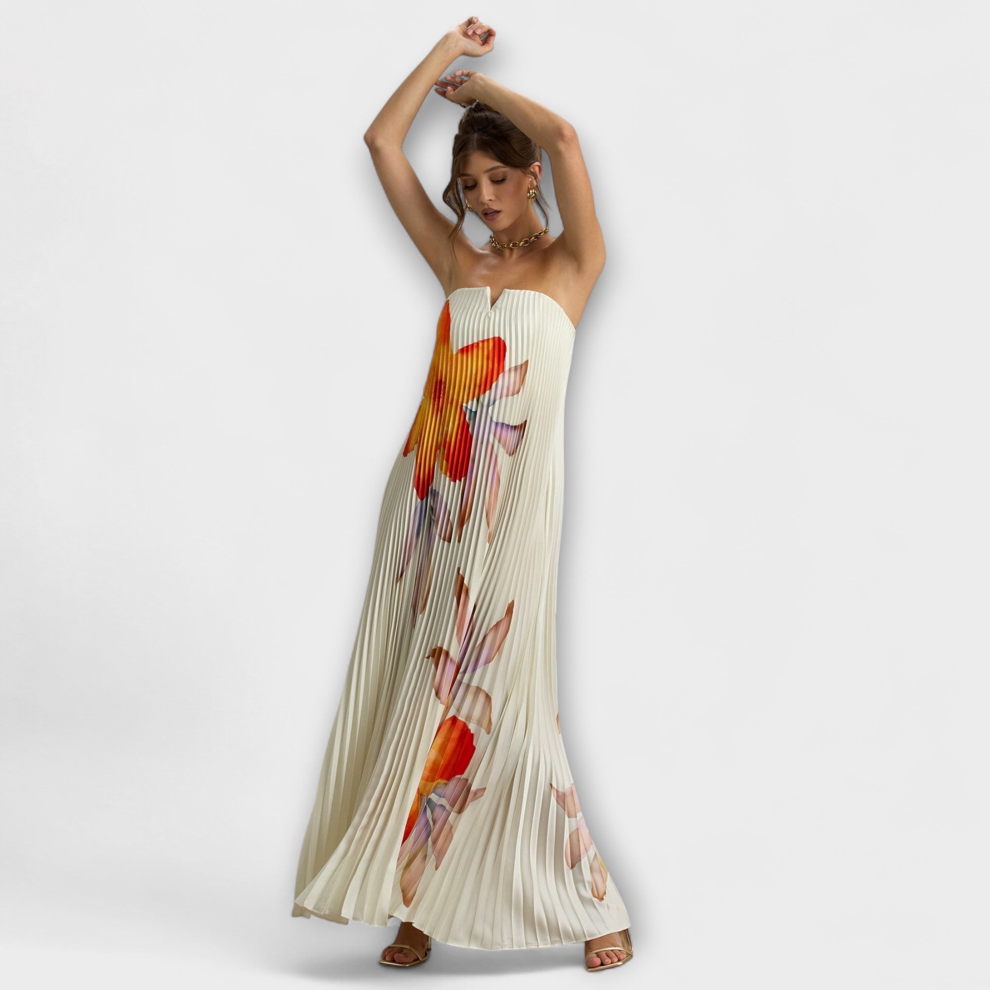 Vestido Largo Palabra de Honor Plisado con Corsé y Estampado de Flores