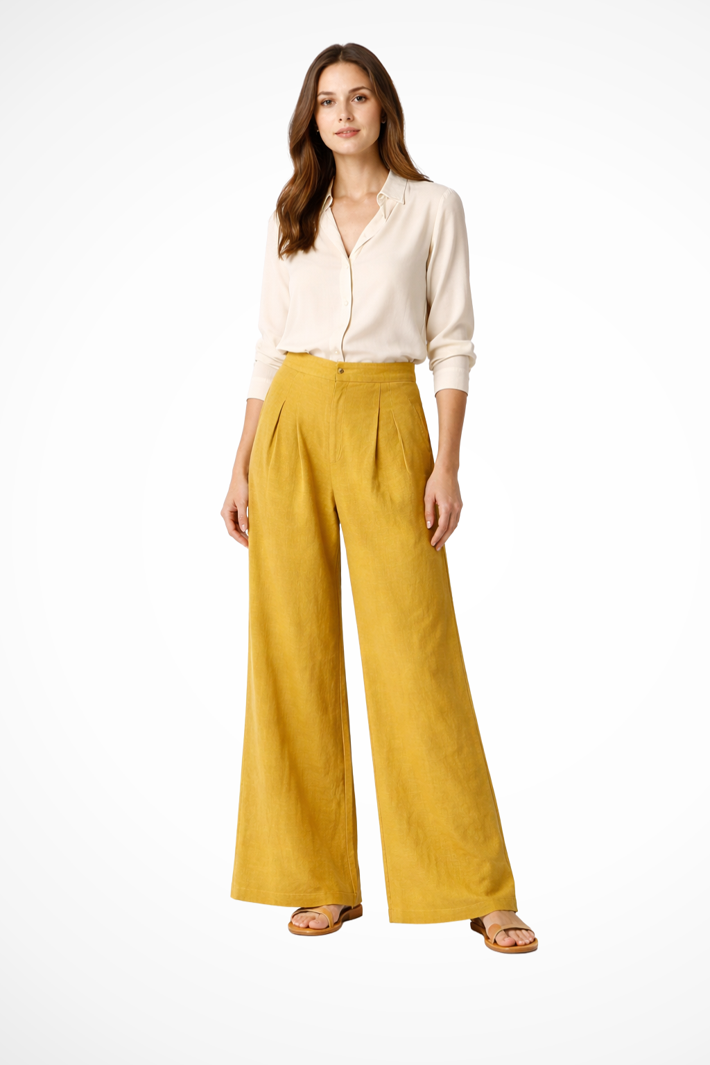 Pantalones de Pata Ancha con Pliegues Frontales y Cintura Alta para Mujer