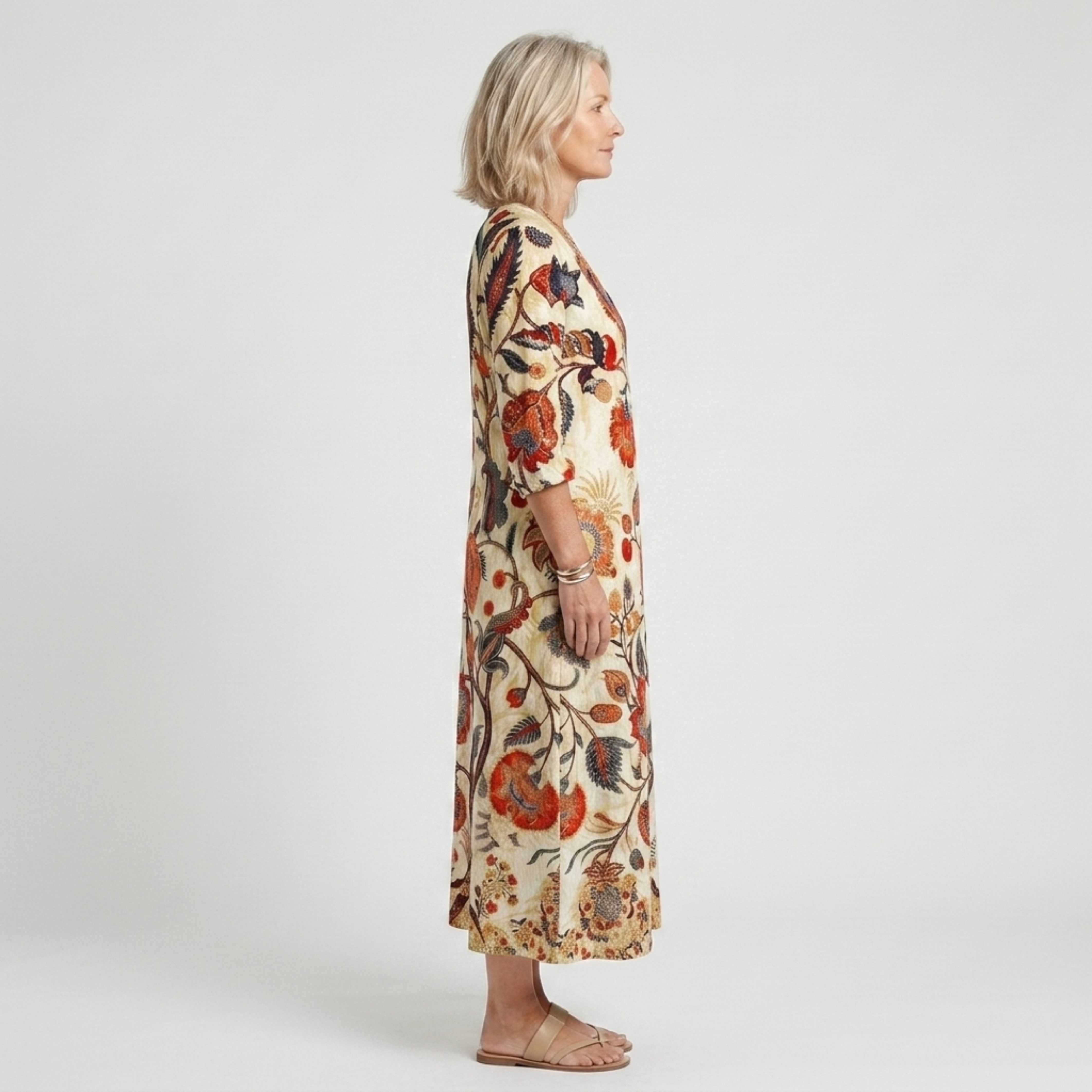 Vestido largo lino — estampado floral para reuniones sociales