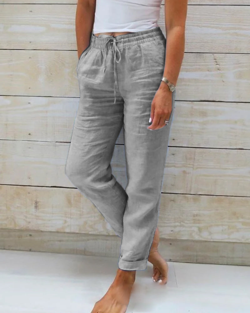 Pantalones de Lino y Algodón con Cintura Elástica y Cordón para Mujer