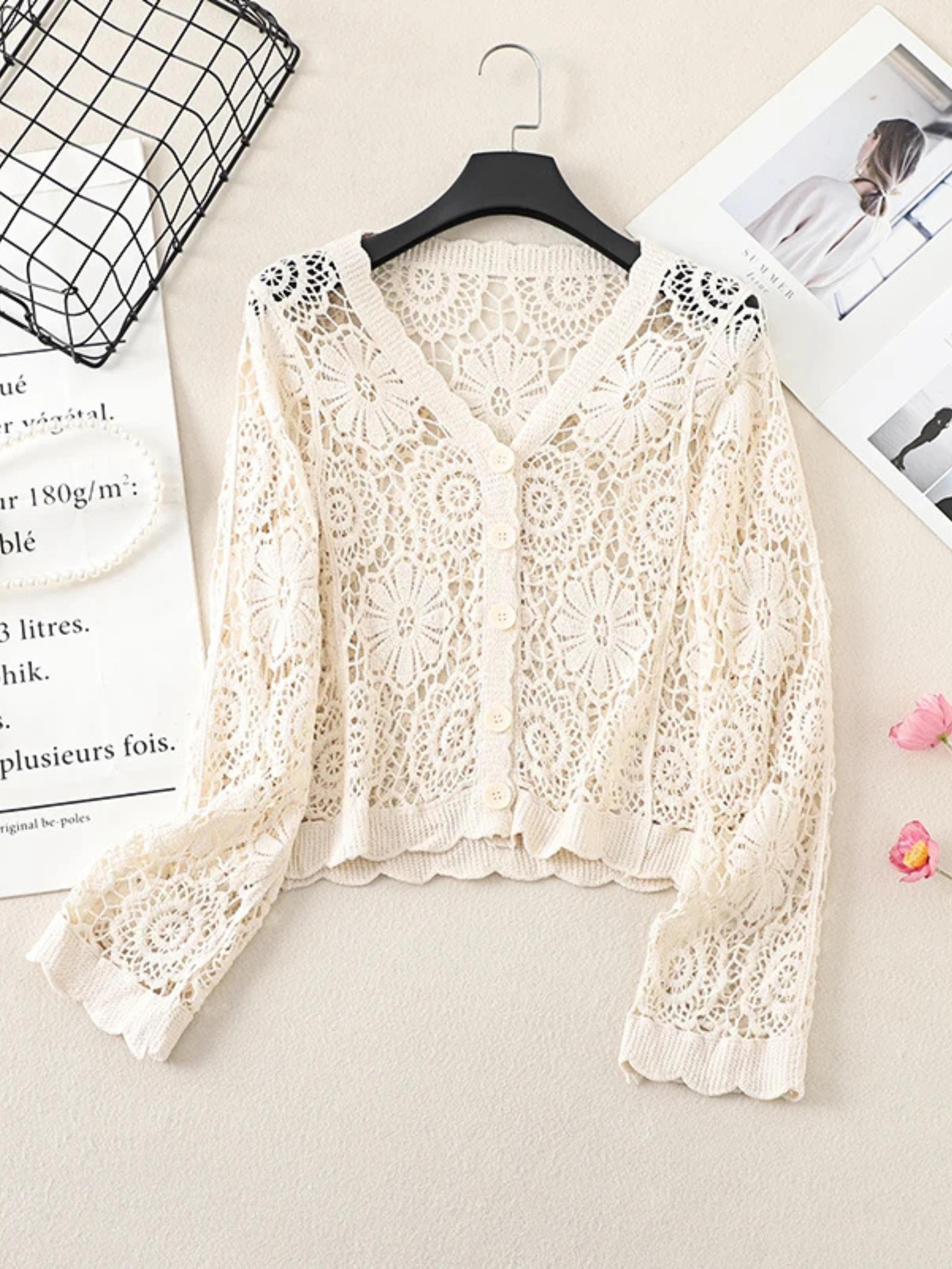 Women's Crochet Lace Cardigan with Buttons and Floral Cutout Design