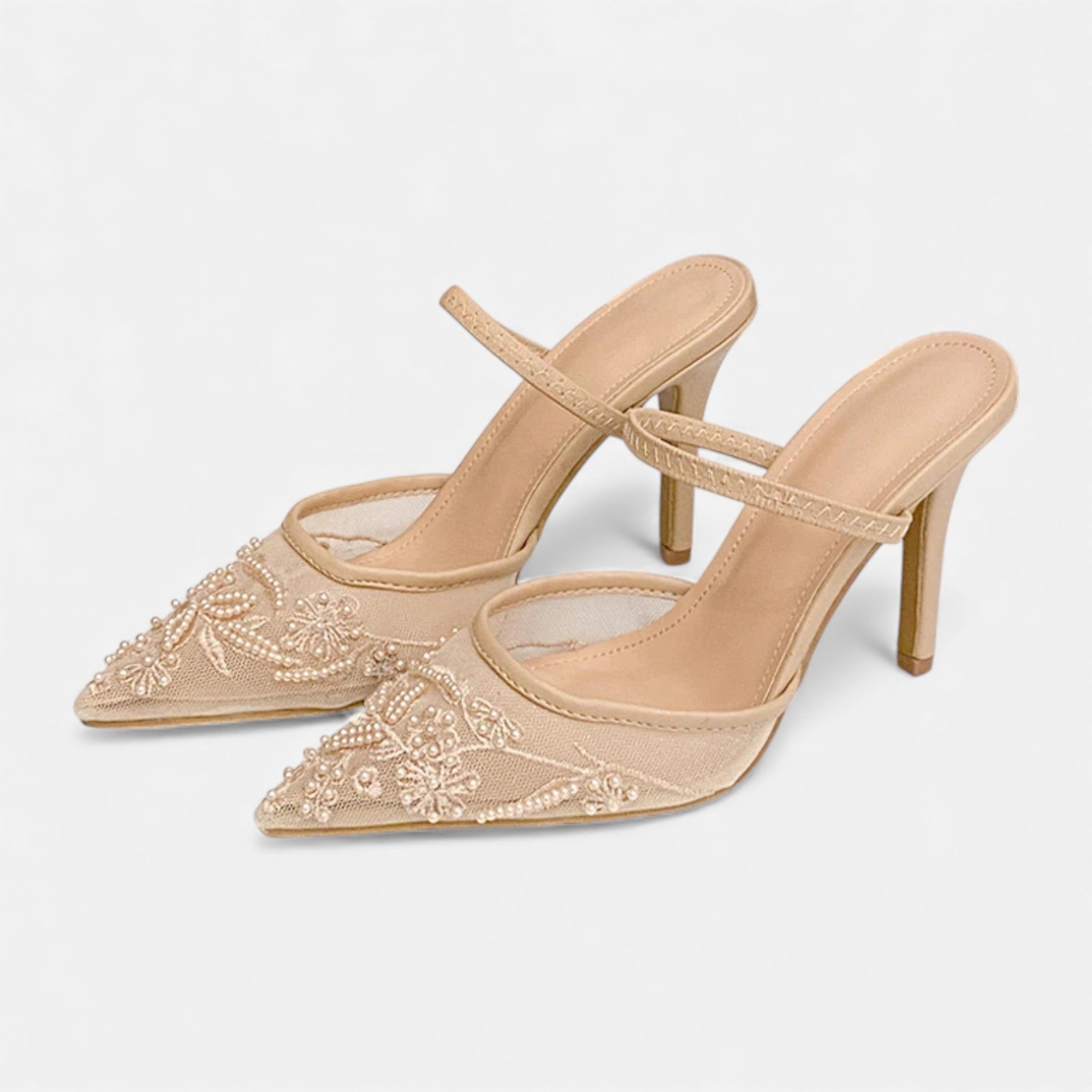 Zapatos de Tacón de Aguja en Malla Bordada con Punta Fina y Correa para Mujer