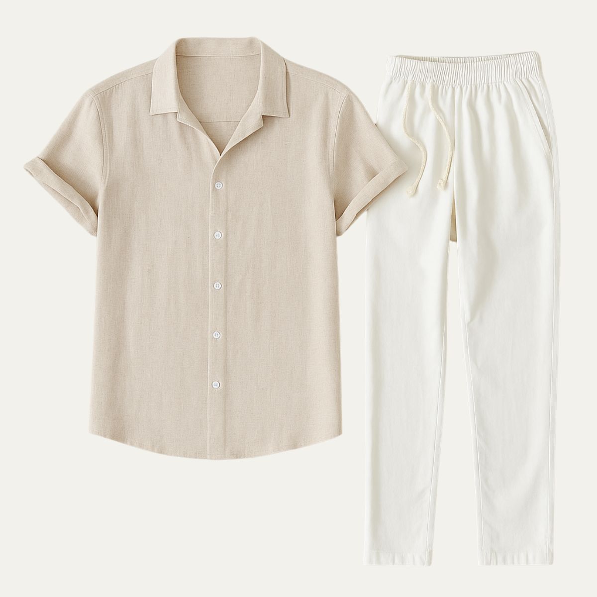 Conjunto de Lino para Hombre con Camisa de Manga Corta y Pantalón de Cordón