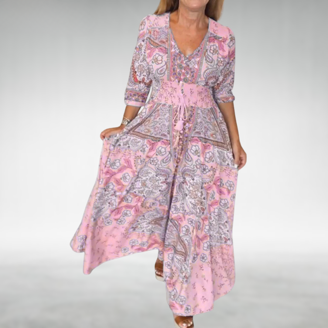 Vestido Maxi de Estilo Bohemio con Cuello en V y Cintura Elástica para Mujer