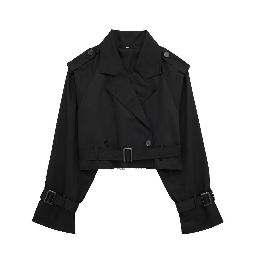 Gabardina Corta para Mujer Chaqueta Cropped de Doble Botonadura con Cinturón