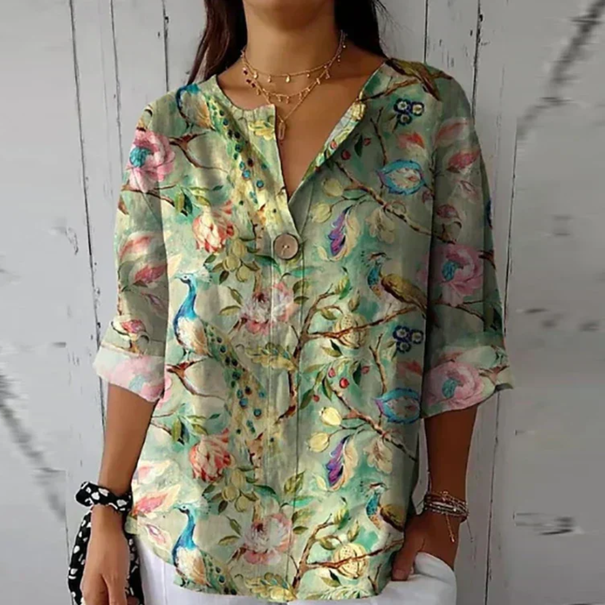 Blusa floral mujer — manga 3/4 con botones — uso diario