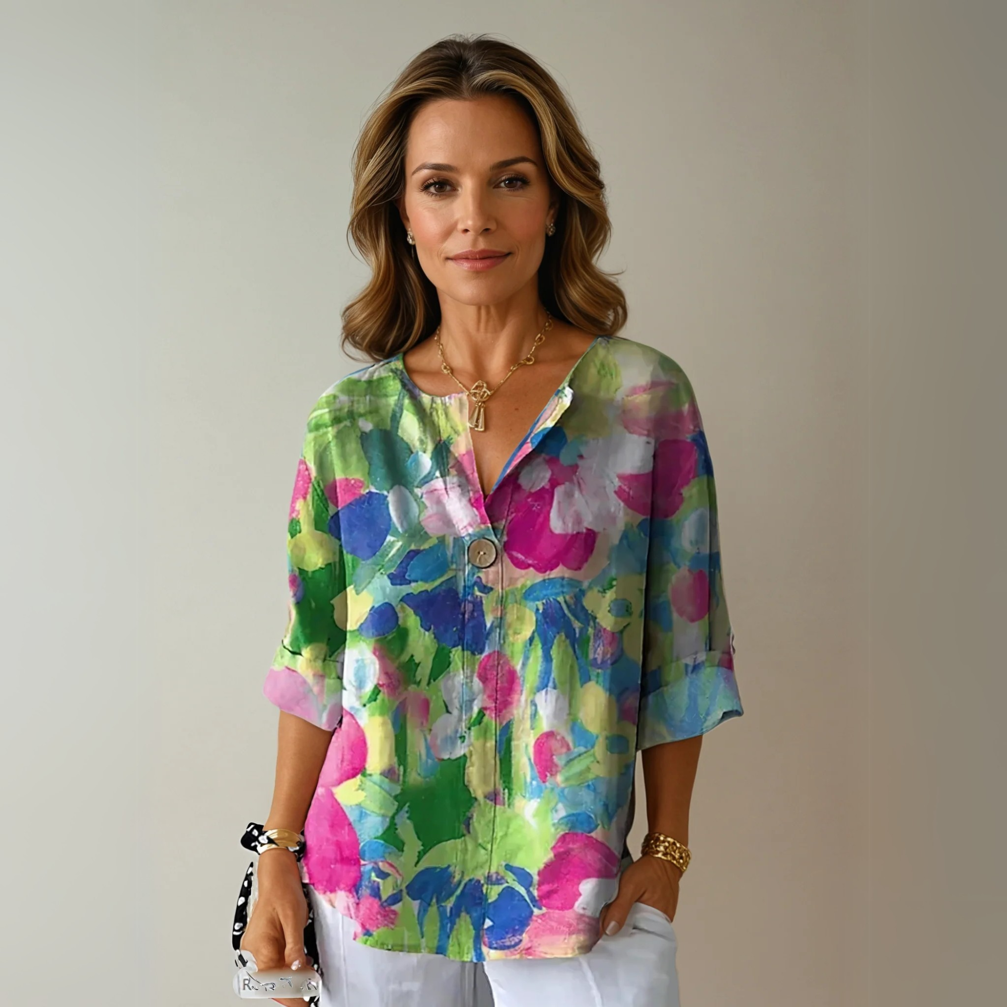 Blusa floral mujer — manga 3/4 con botones — uso diario