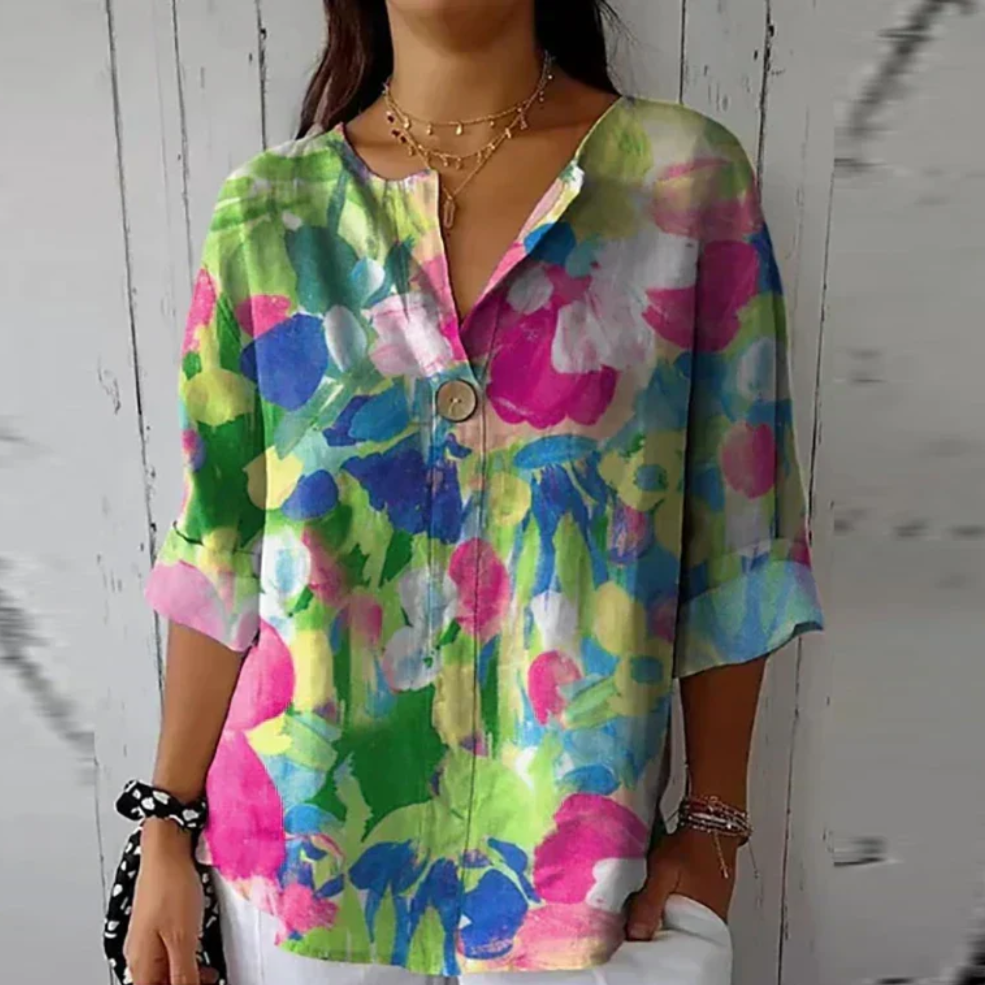 Blusa floral mujer — manga 3/4 con botones — uso diario