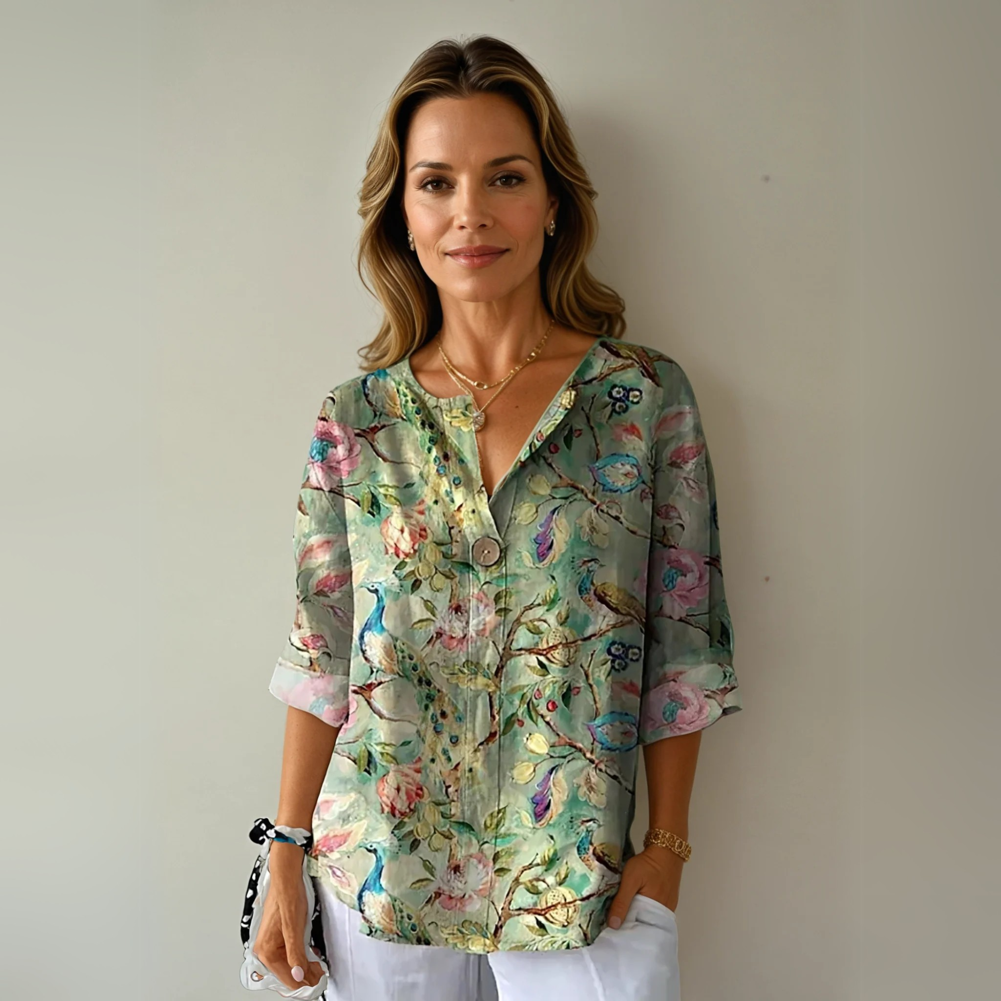 Blusa floral mujer — manga 3/4 con botones — uso diario