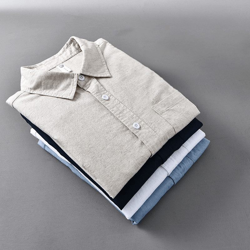 Camisa de Algodón y Lino para Hombre de Manga Larga con Cuello de Solapa y Botones