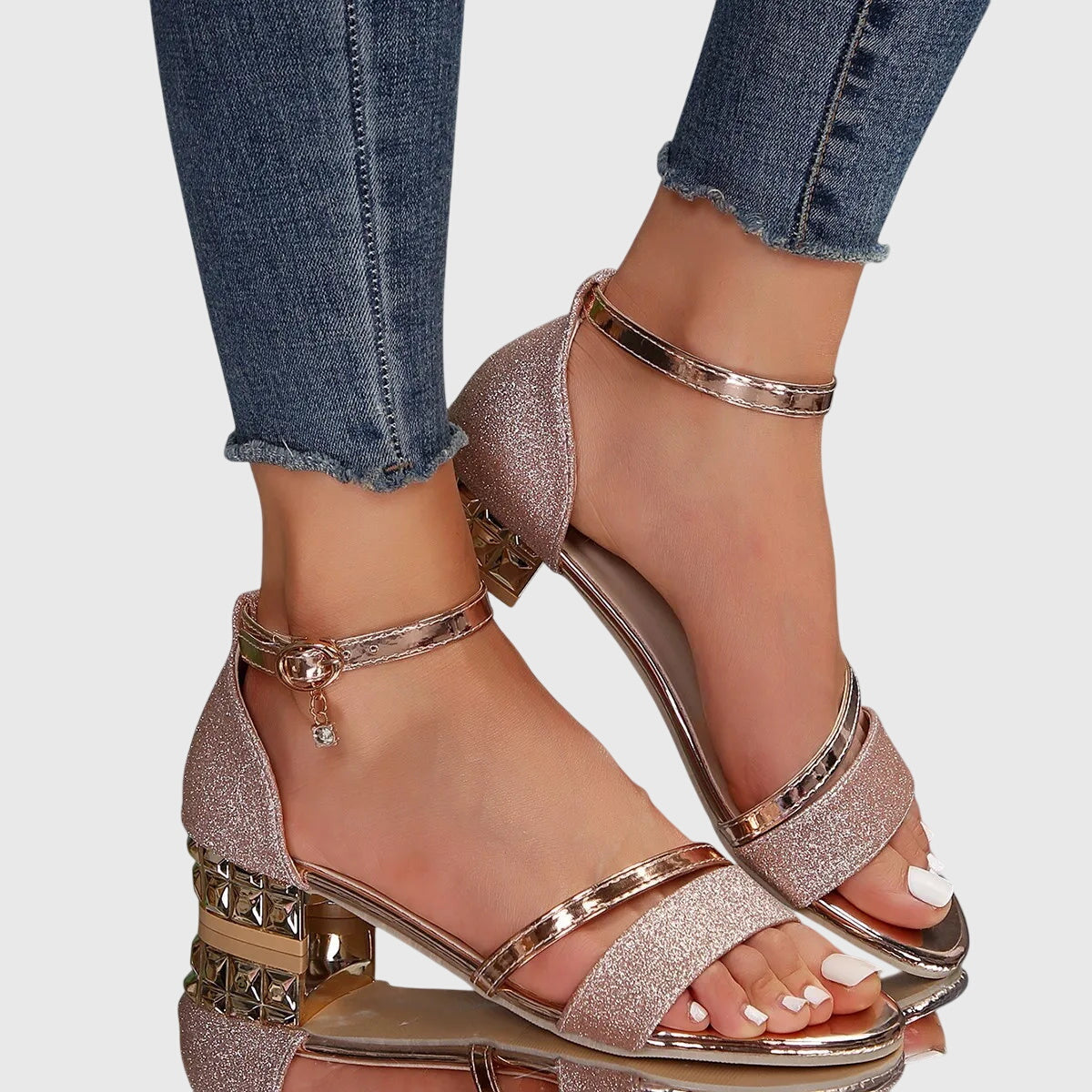 Sandalias de Tacón Bloque Bajo para Mujer Zapatos de Vestir con Hebilla al Tobillo