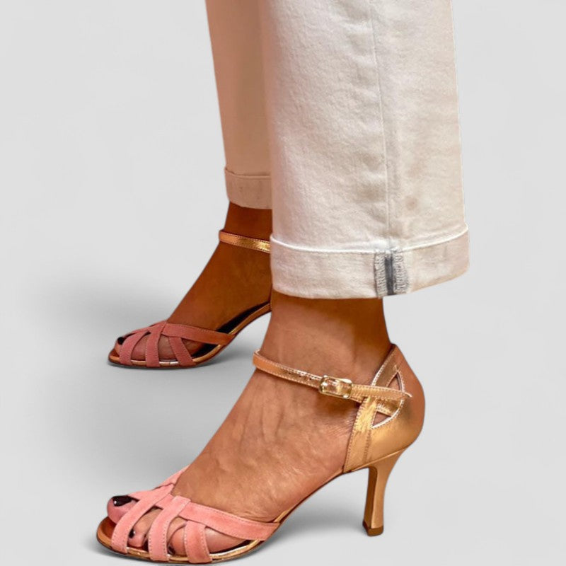 Sandalias de Tacón Bajo con Tira al Tobillo y Punta Abierta para Mujer
