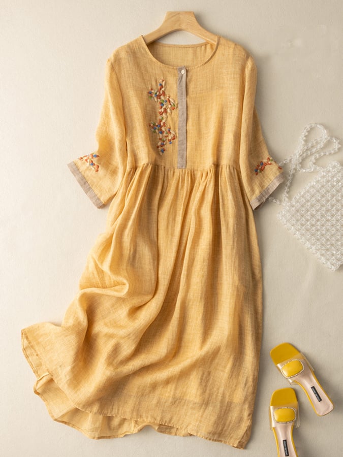 Vestido bordado algodón lino | corte holgado | estilo bohemio | diario