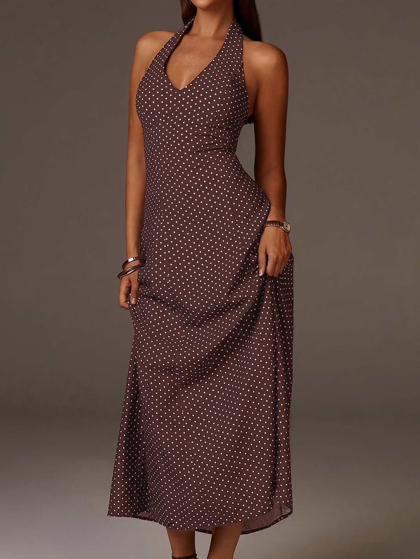 Vestido Maxi de Lunares con Cuello Halter y Escote en V Profundo para Mujer