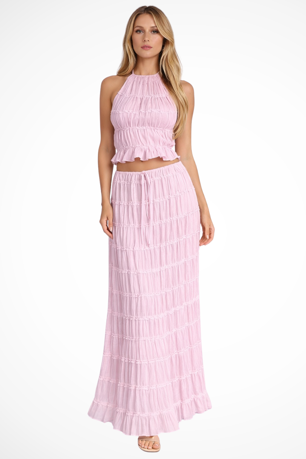 Conjunto de Duas Peças para Mulher com Top Halter Franziado e Saia Longa Fluida