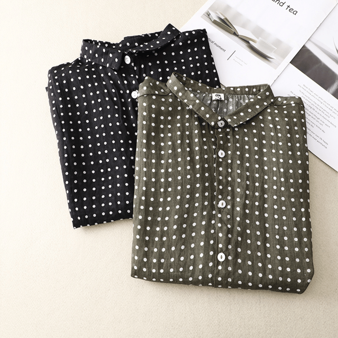 Camisa de Algodão e Linho de Manga Curta com Estampa de Bolinhas para Mulher