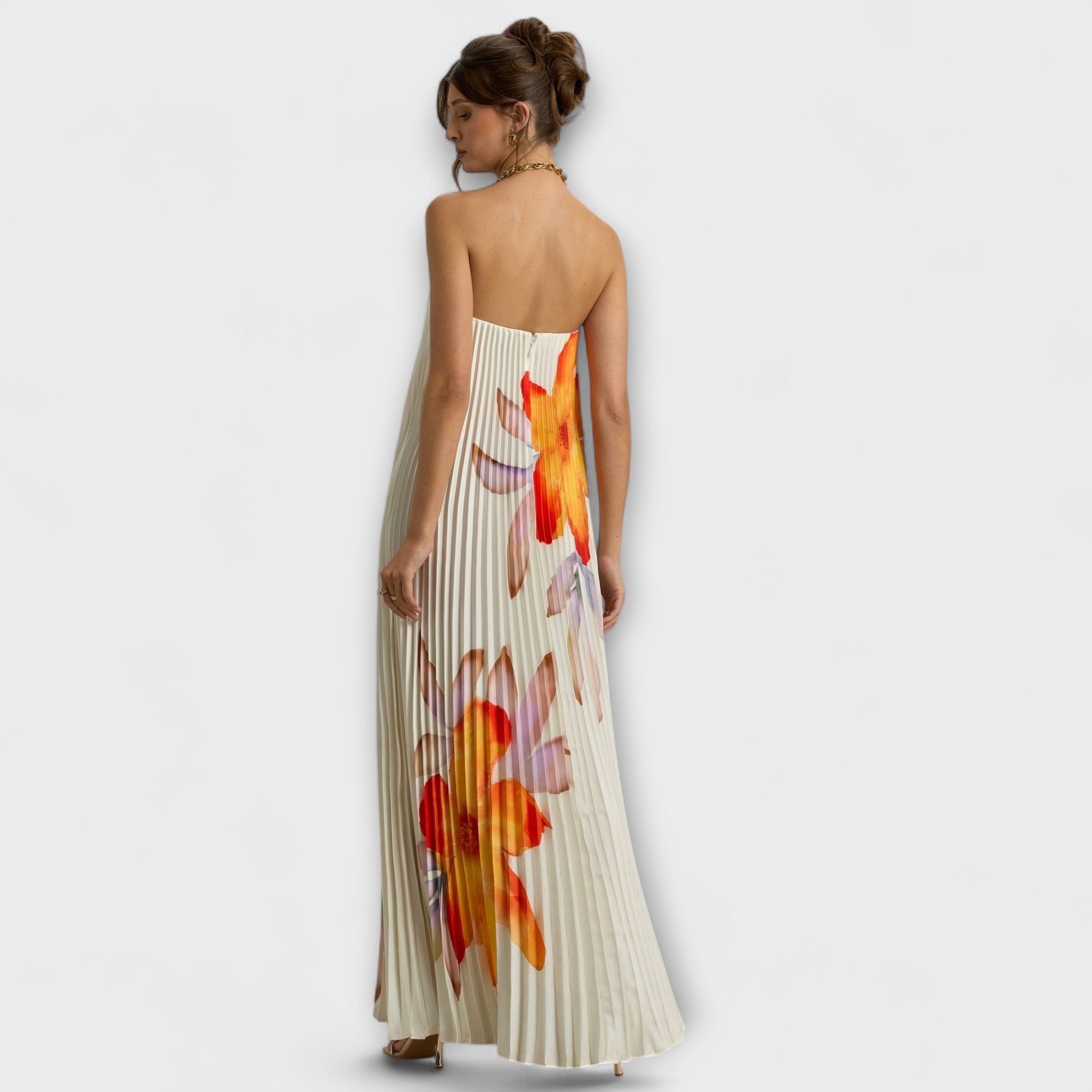 Vestido Largo Palabra de Honor Plisado con Corsé y Estampado de Flores