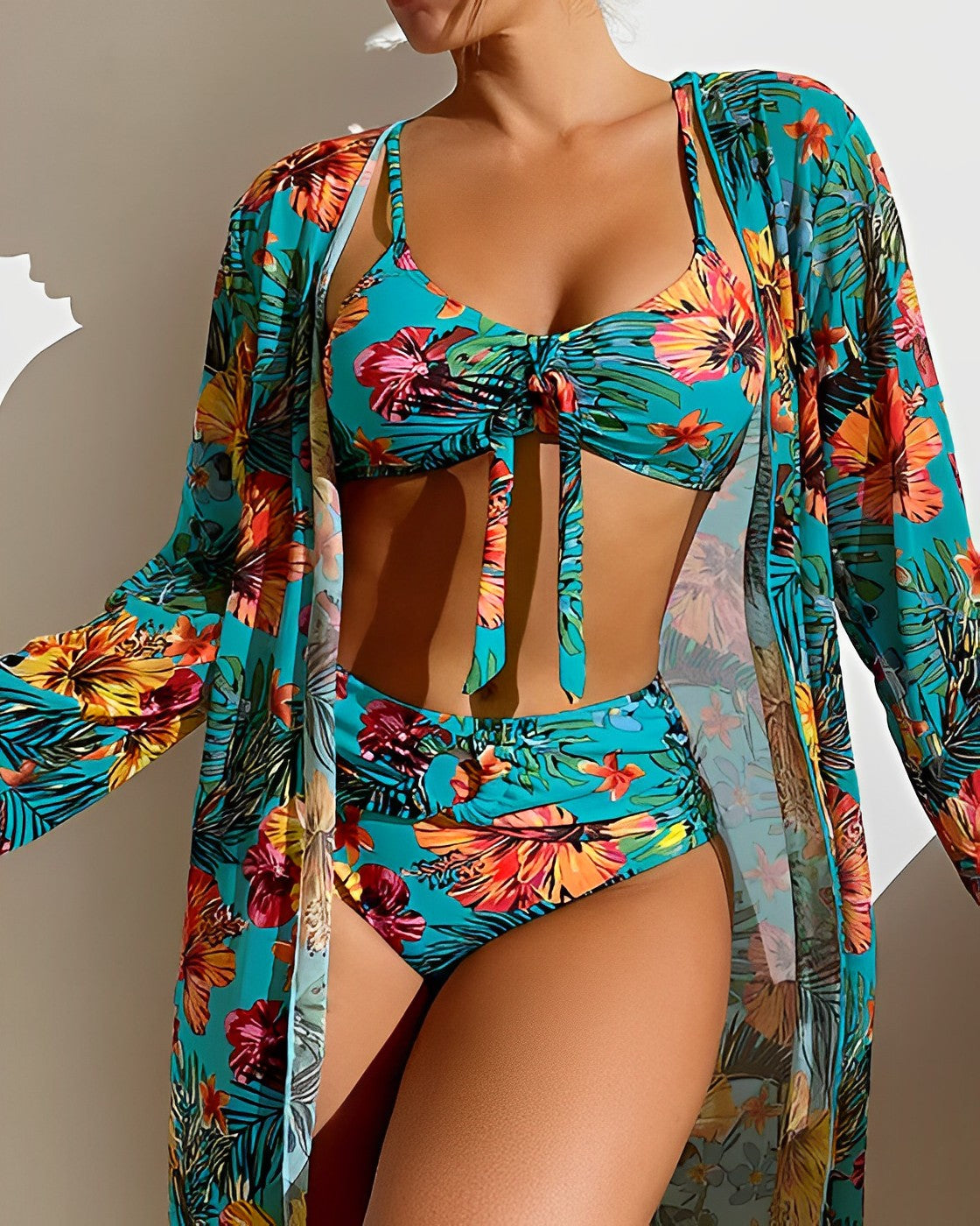 Bikini de 3 Piezas para Mujer con Estampado Botánico y Kimono de Playa