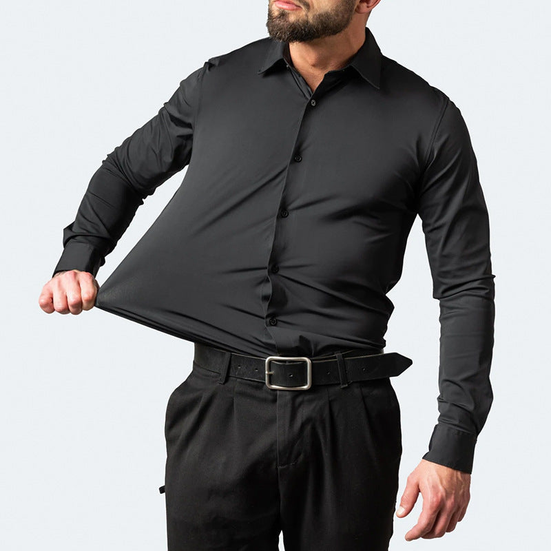 Camisa de vestir elástica para hombre de manga larga sin plancha corte regular