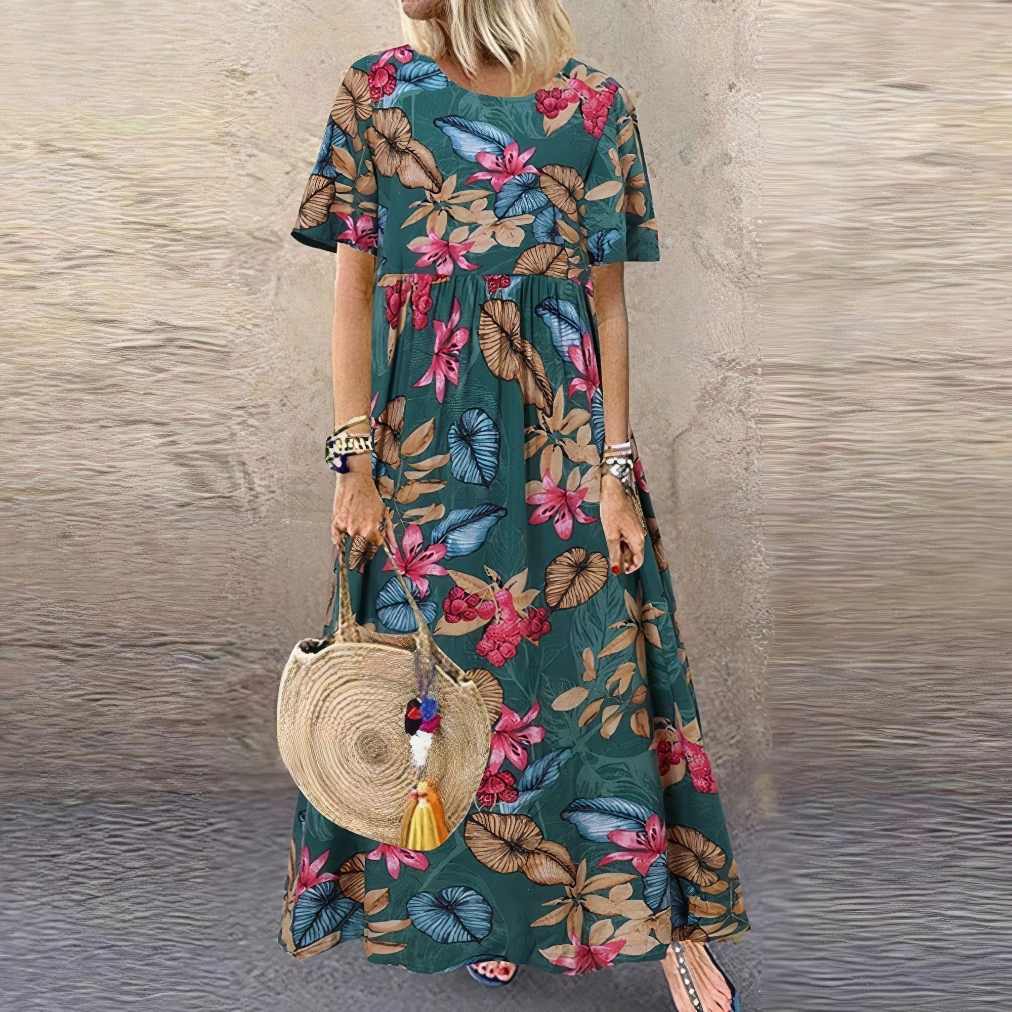 Vestido Largo de Cuello Redondo con Estampado Floral Vibrante para Mujer