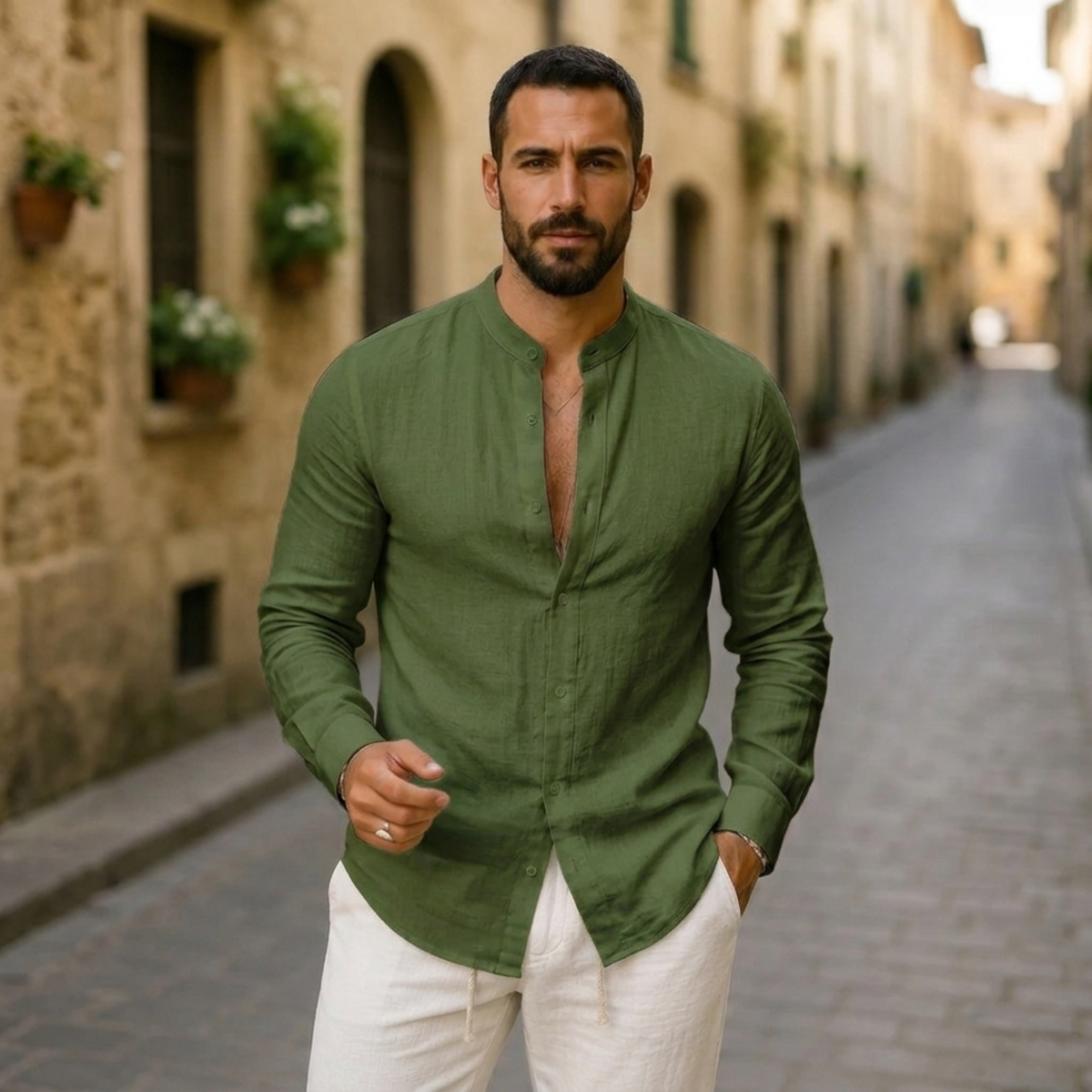 Camisa de lino para hombre — corte entallado con cuello abierto casual