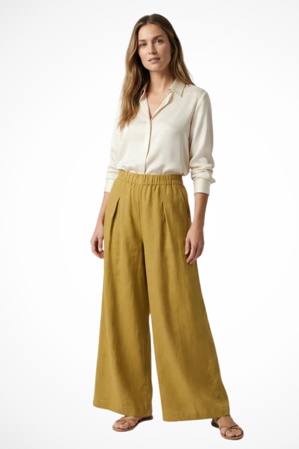 Pantalones de Pata Ancha con Pliegues Frontales y Cintura Alta para Mujer