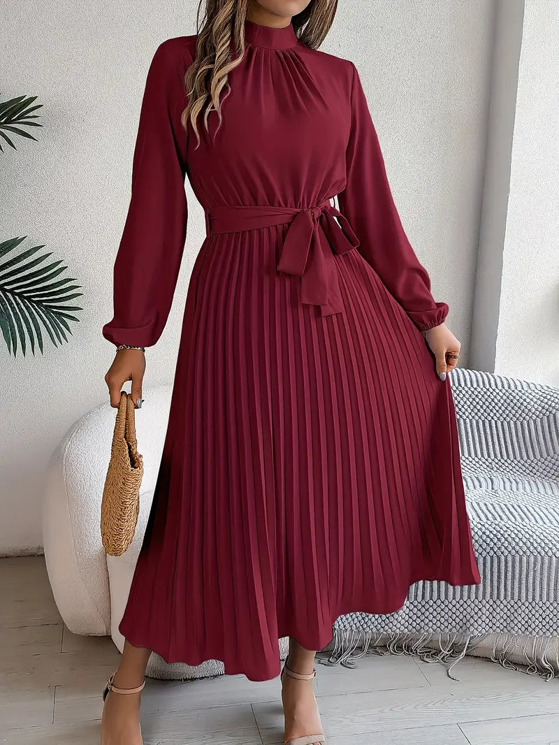 Vestido Largo Plisado de Manga Larga con Cuello Alto y Cinturón para Mujer