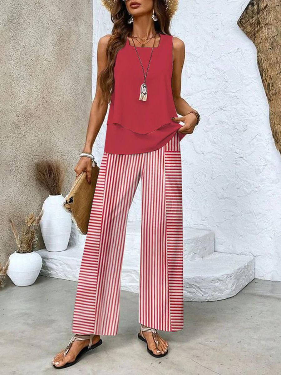 Conjunto de Dos Piezas con Blusa Sin Mangas y Pantalones de Pierna Ancha para Mujer