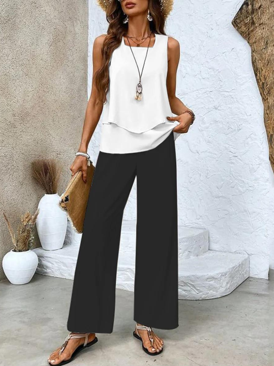 Conjunto de Dos Piezas con Blusa Sin Mangas y Pantalones de Pierna Ancha para Mujer