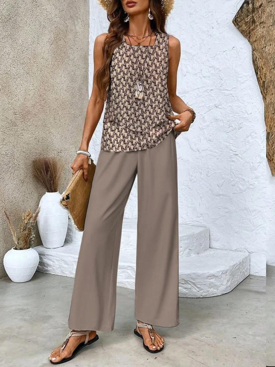 Conjunto de Dos Piezas con Blusa Sin Mangas y Pantalones de Pierna Ancha para Mujer