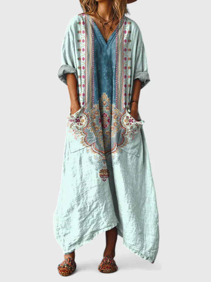Vestido Largo para Mujer con Cuello en V y Estampado de Flores Estilo Vintage