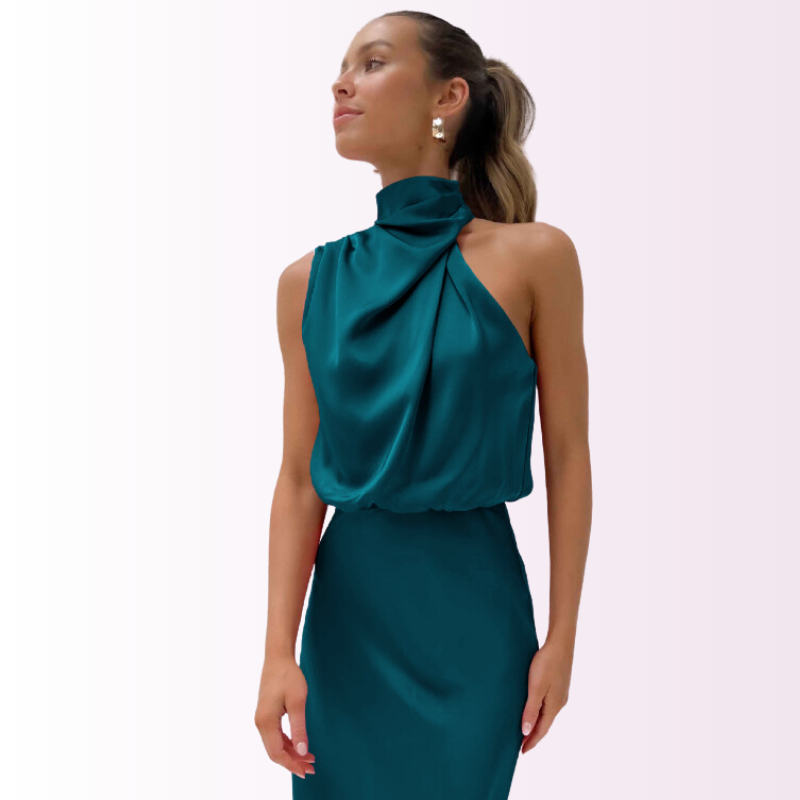 Vestido de Noche de Satén Largo sin Mangas con Cuello Alto para Mujer
