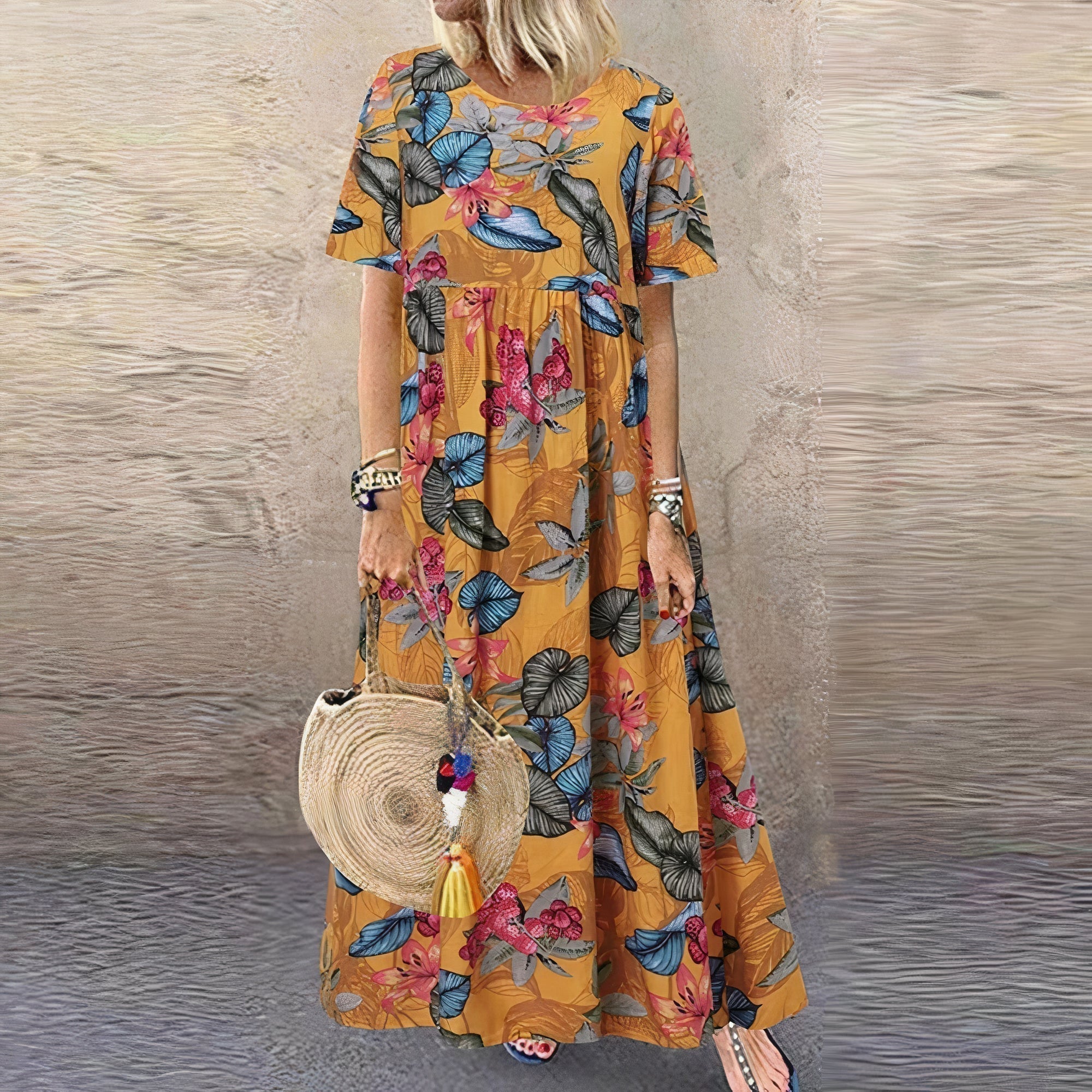 Vestido Largo de Cuello Redondo con Estampado Floral Vibrante para Mujer