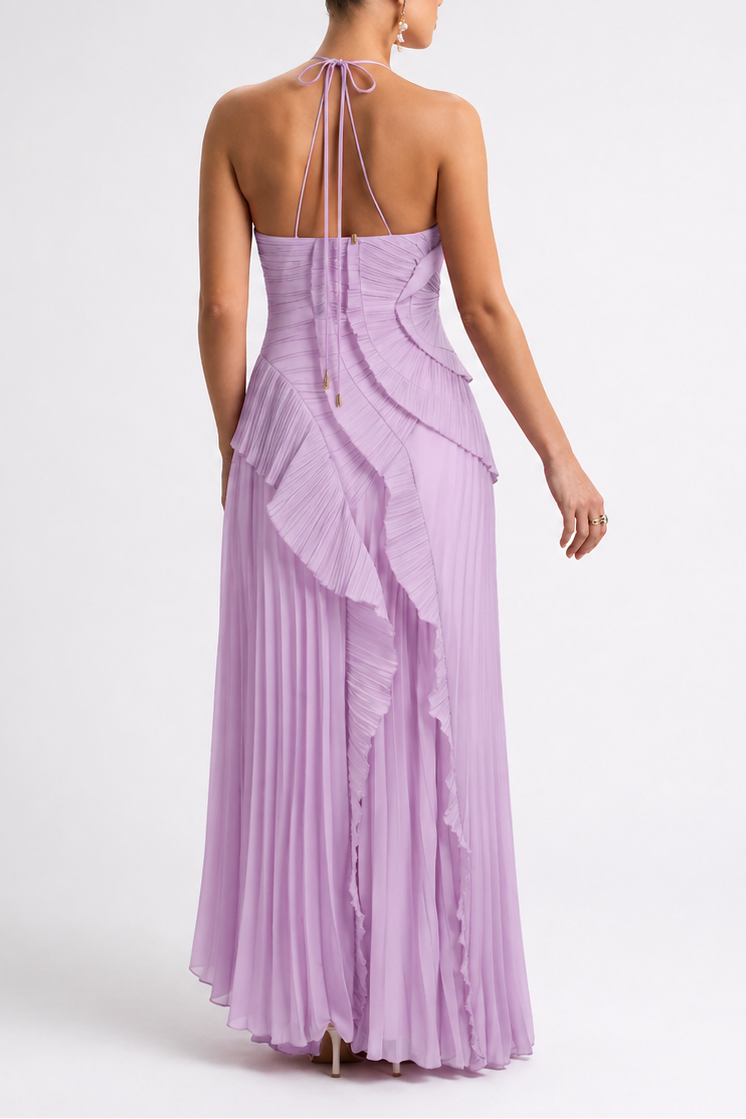 Vestido maternidad largo halter plisado con volantes