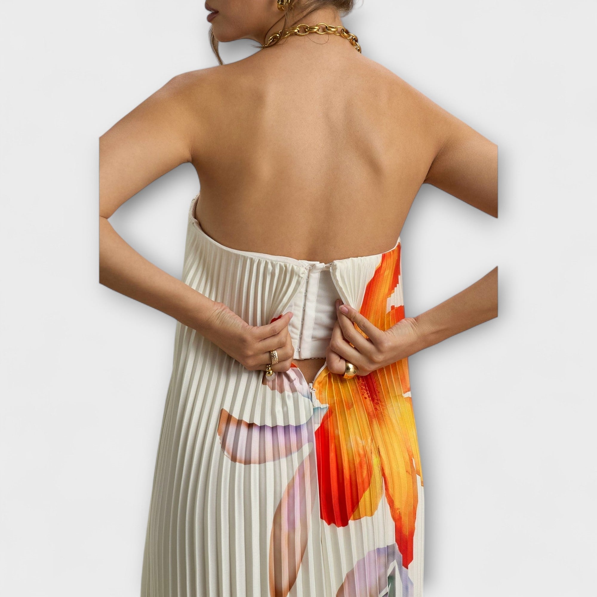 Vestido Largo Palabra de Honor Plisado con Corsé y Estampado de Flores