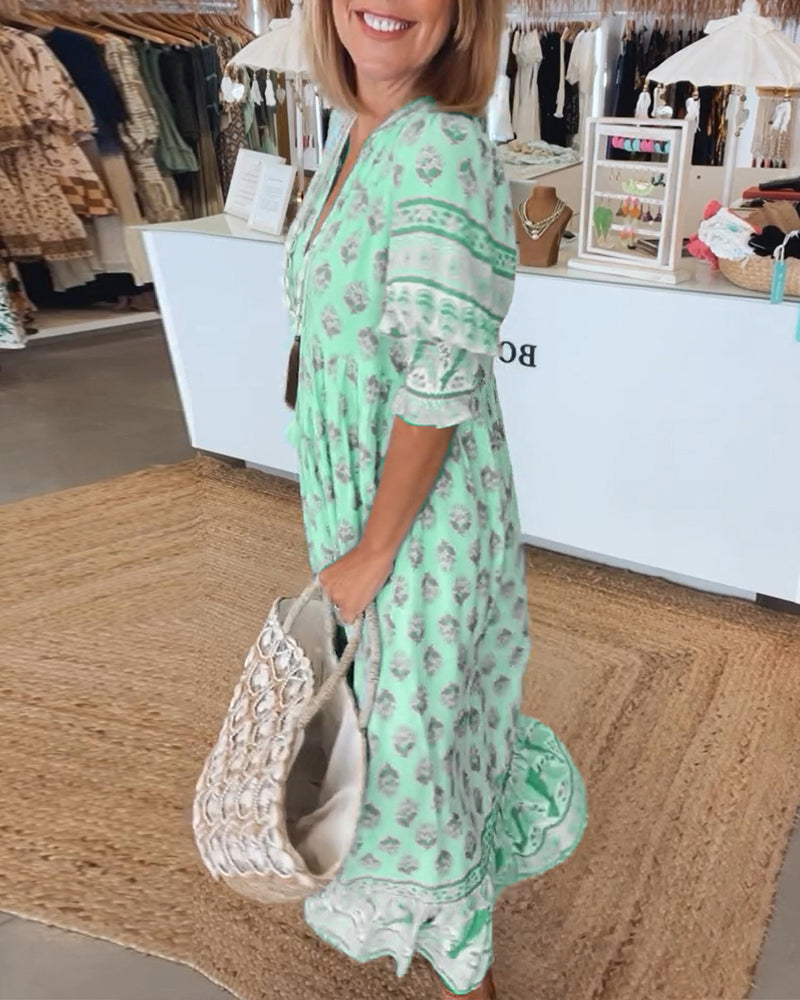 Vestido mujer estampado | cuello en V | mangas medias | uso diario