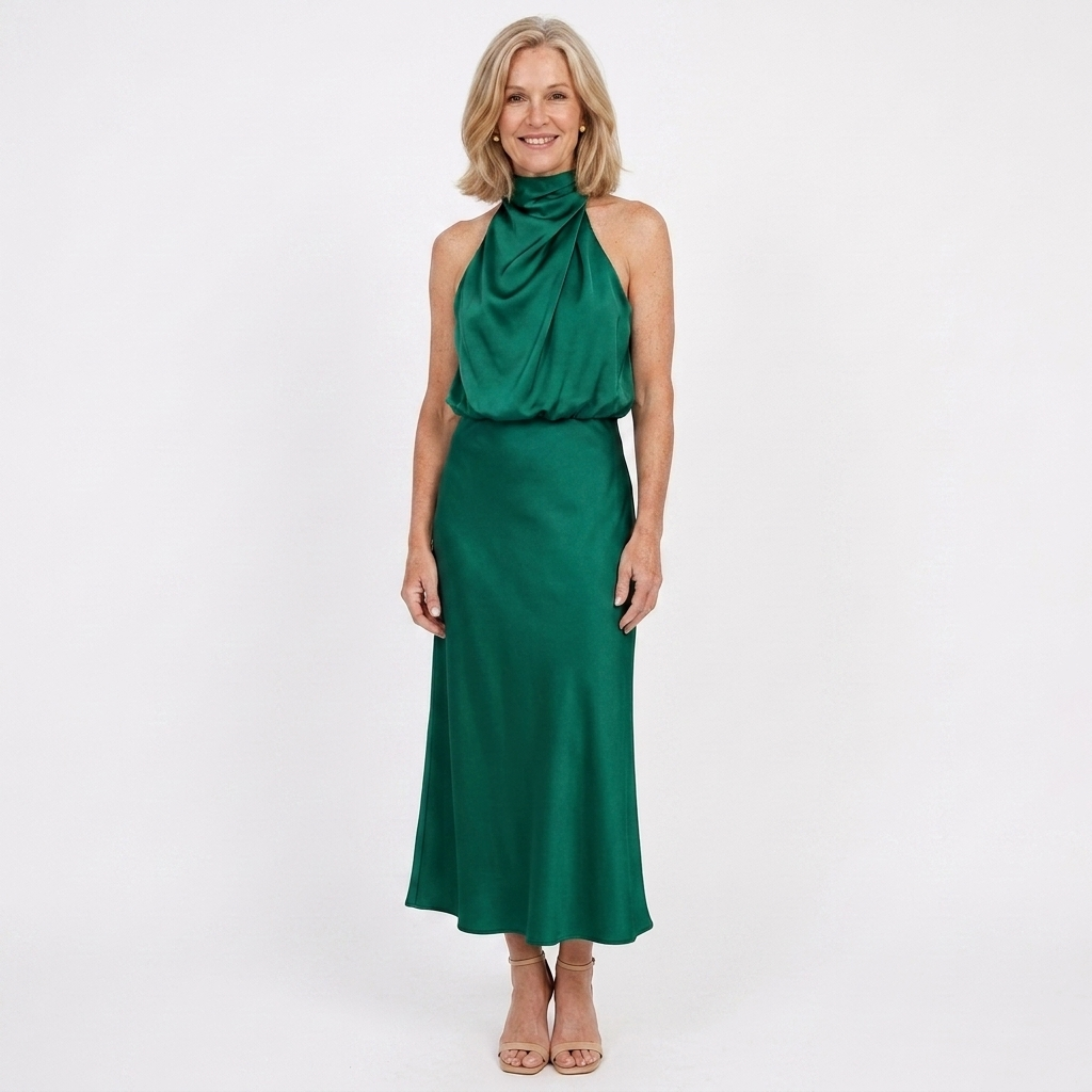 Vestido largo satén — cuello alto para eventos formales