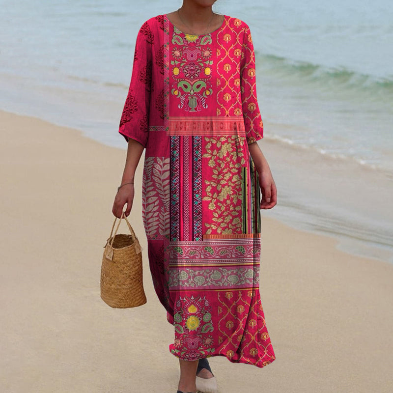 Vestido maxi algodón | estampado étnico | corte fluido | para vacaciones