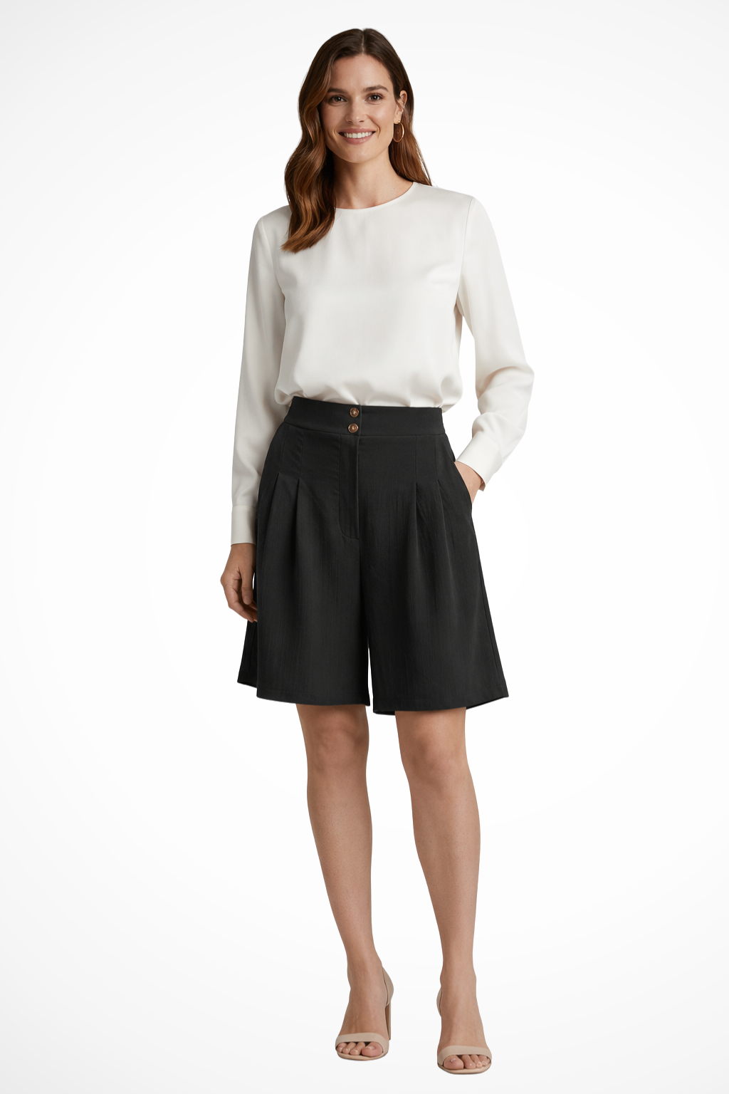 Pantalones Cortos Bermuda de Talle Alto con Pinzas y Corte Sartorial para Mujer