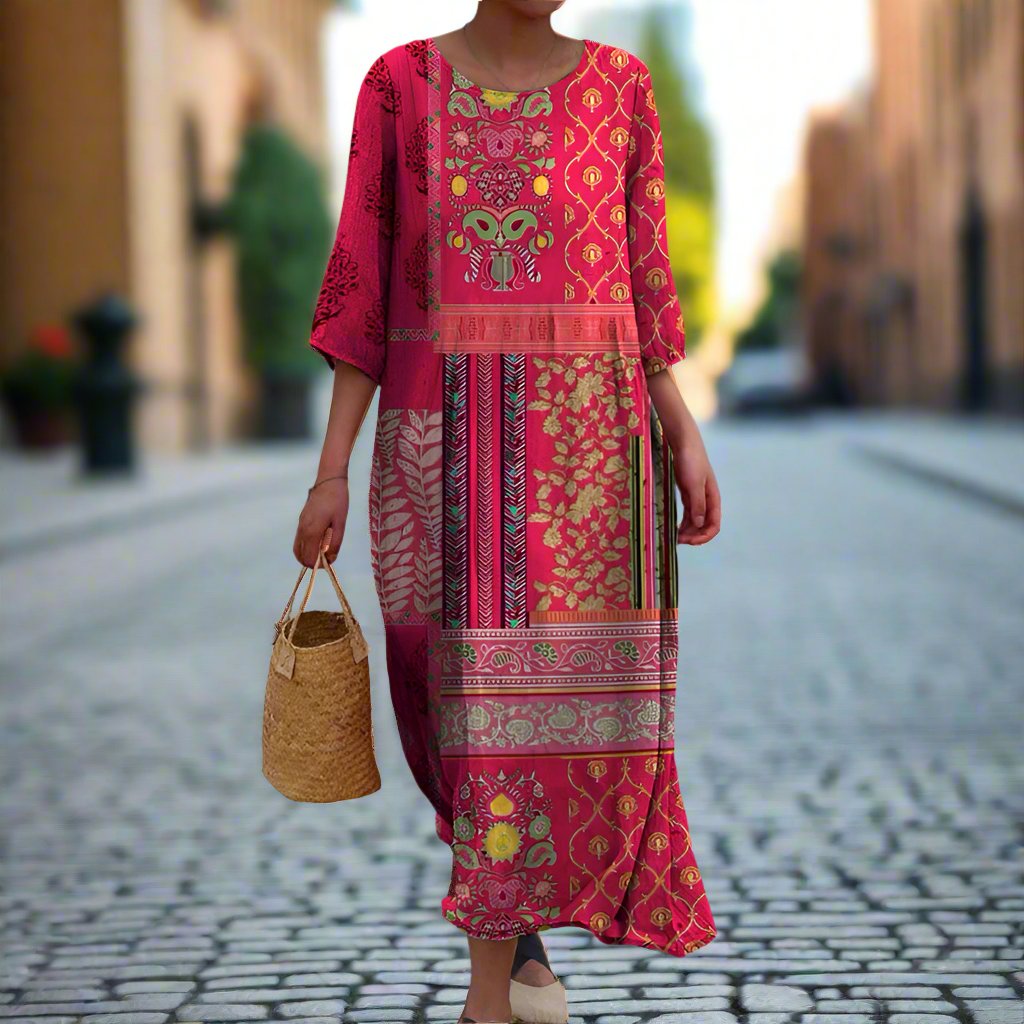 Vestido maxi algodón | estampado étnico | corte fluido | para vacaciones