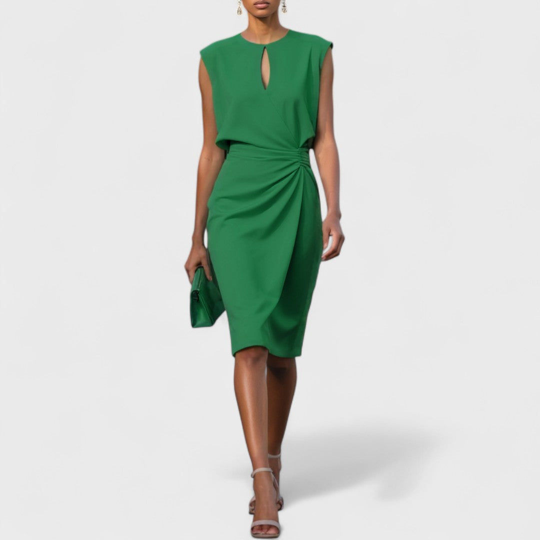 Vestido Midi Cruzado con Pliegues Laterales y Cuello Redondo para Mujer
