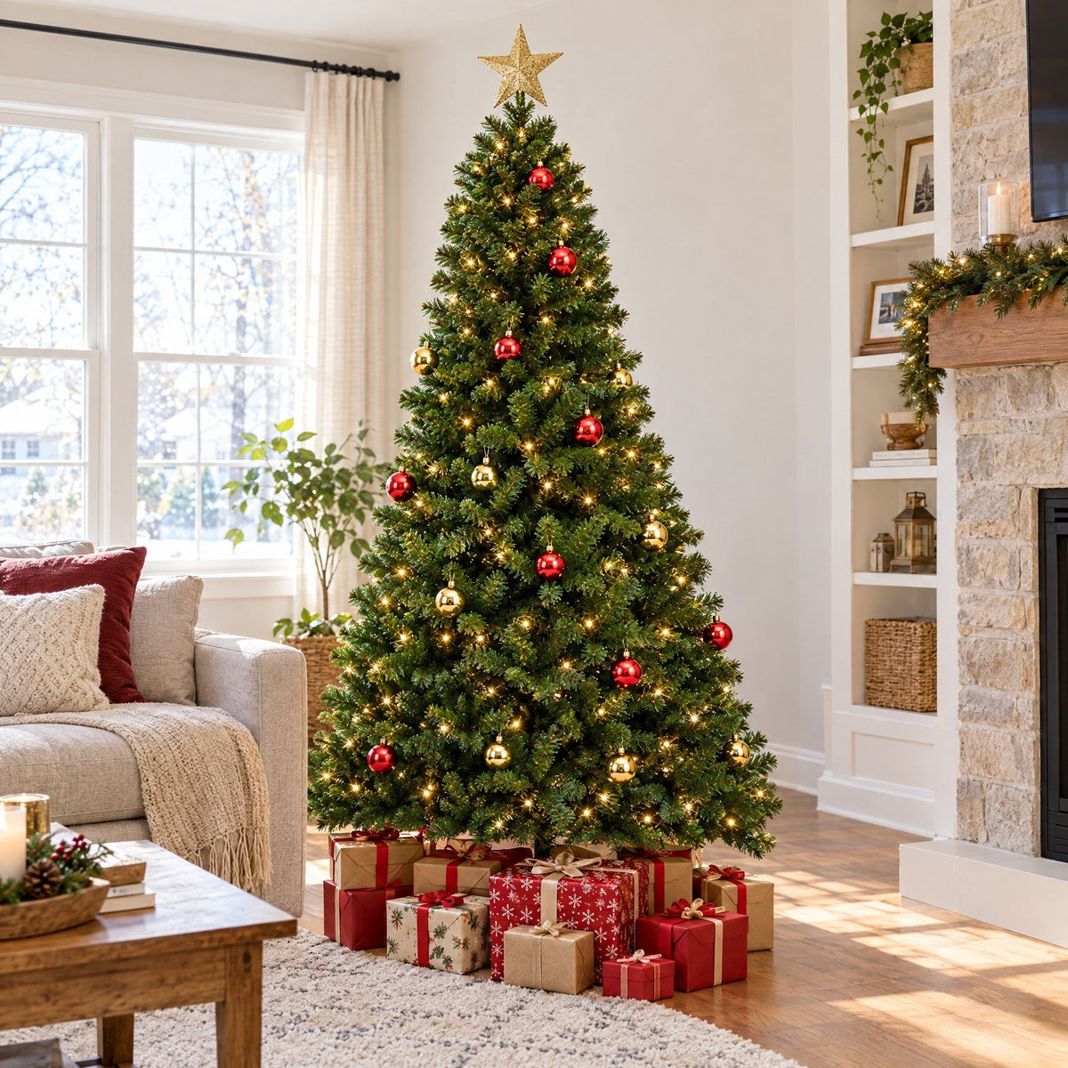 Árbol Artificial Preiluminado de 183 cm con Ramas Articuladas y Adornos Incluidos