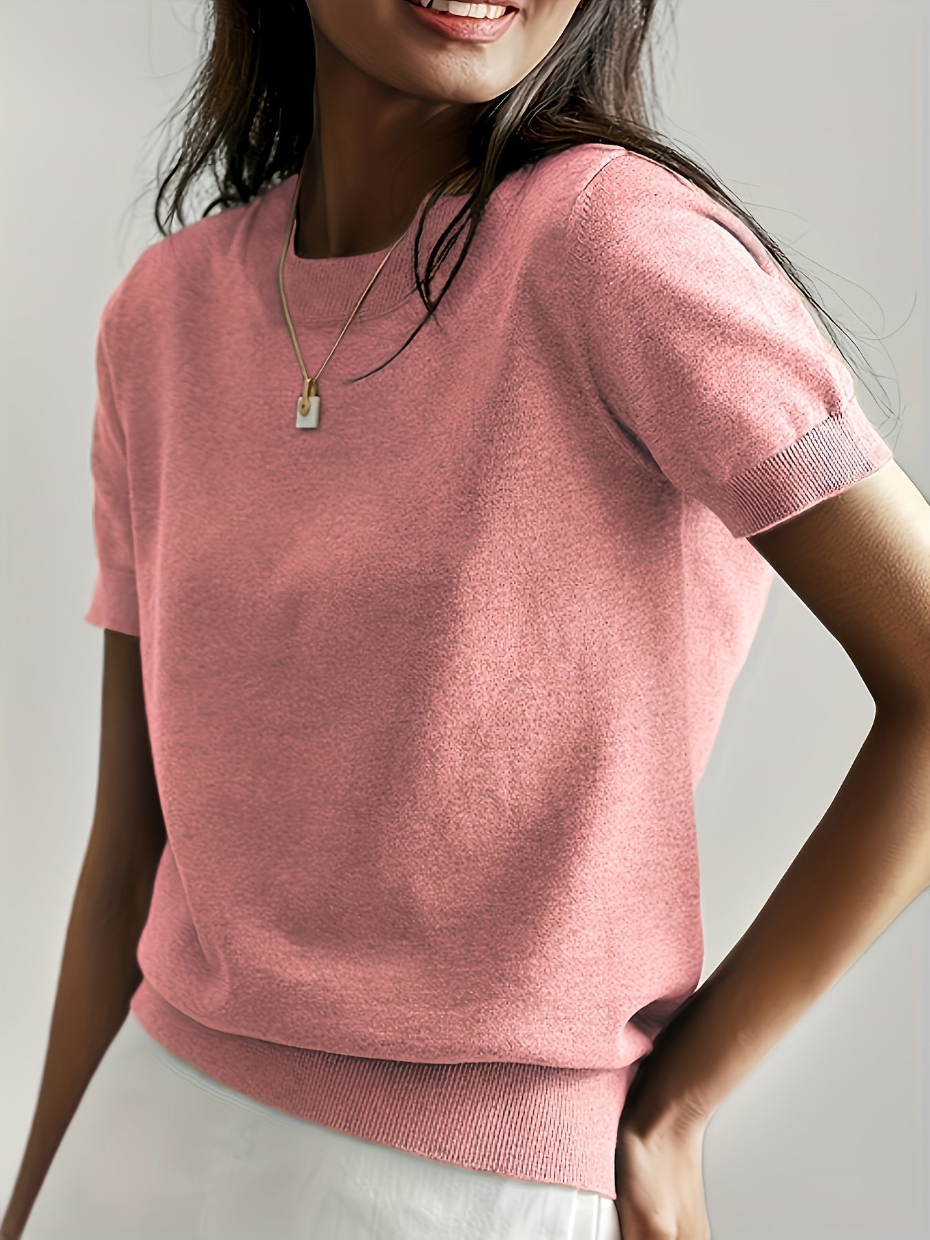 Camiseta de Punto para Mujer de Manga Corta Cuello Redondo Ajuste Entallado